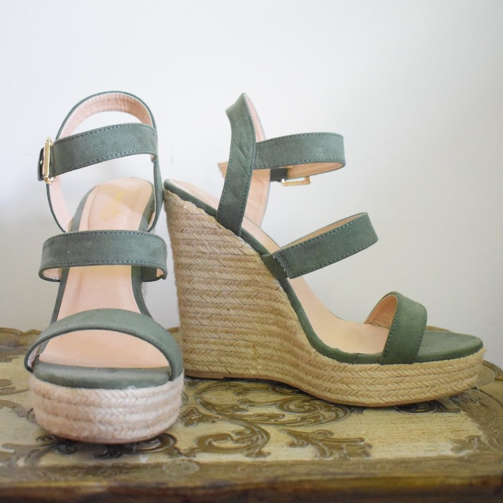 Green Suede Strappy Espadrille Wedges